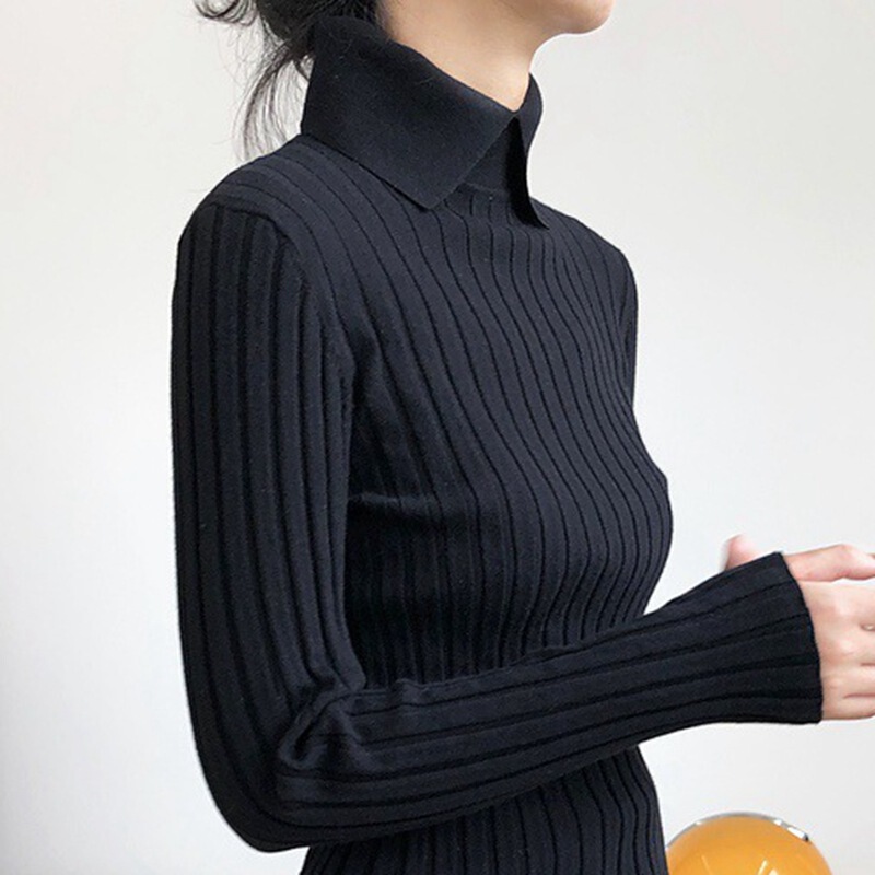 Black Spring Autumn and Winter Doll Collar Lapel POLO Shirt Long Sleeve Knitted Sweater Inner Base Top