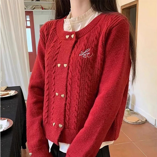 小香风外套刺绣设计感假两件宽松短款开衫红色毛衣少女风针织衫女|undefined