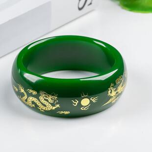 Xinjiang Hotan Colored Bracelet Inlaid with Dragon and Phoenix, Auspicious Bracelet, Widened and Thickened Spinach Green Jade Bracelet, High-Quality Imitation Handicraft