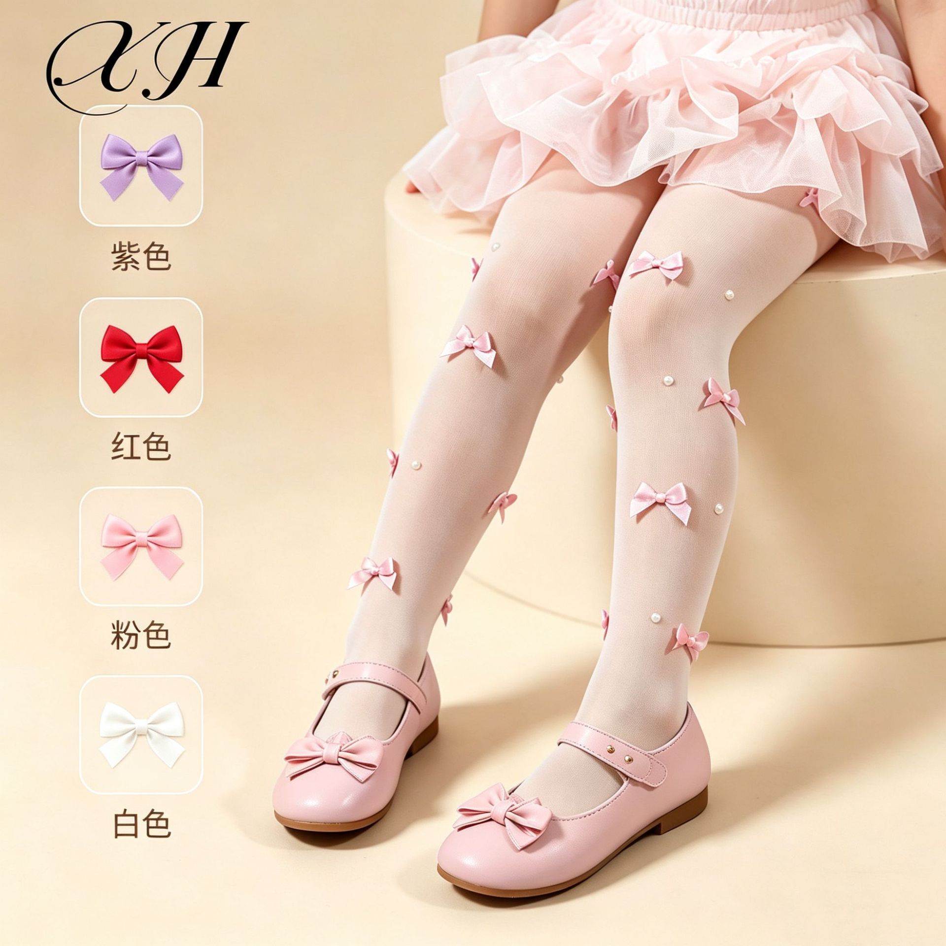 ถุงน่องผ้าไหมสีขาว แบบบาง ประดับไข่มุก โบว์ สำหรับเด็ก ถุงน่องประดับไข่มุกแบบร้อนแรง สไตล์โลลิต้า ถุงน่องแบบชิ้นเดียว