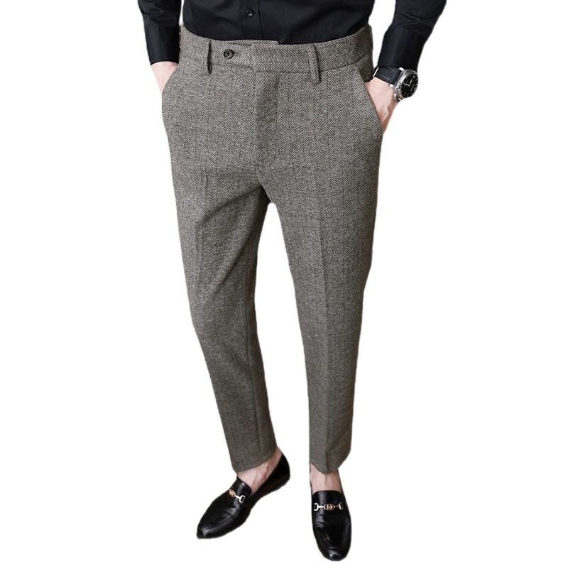 メンズダークストライプ保温スーツパンツ、スリムストレート、ドレープ感、カジュアルで万能、冬用ウール素材、高級ビジネスパンツ