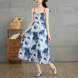 去有风的地方许红豆同款刘亦菲蓝色晕染吊带连衣裙度假裙子沙滩裙