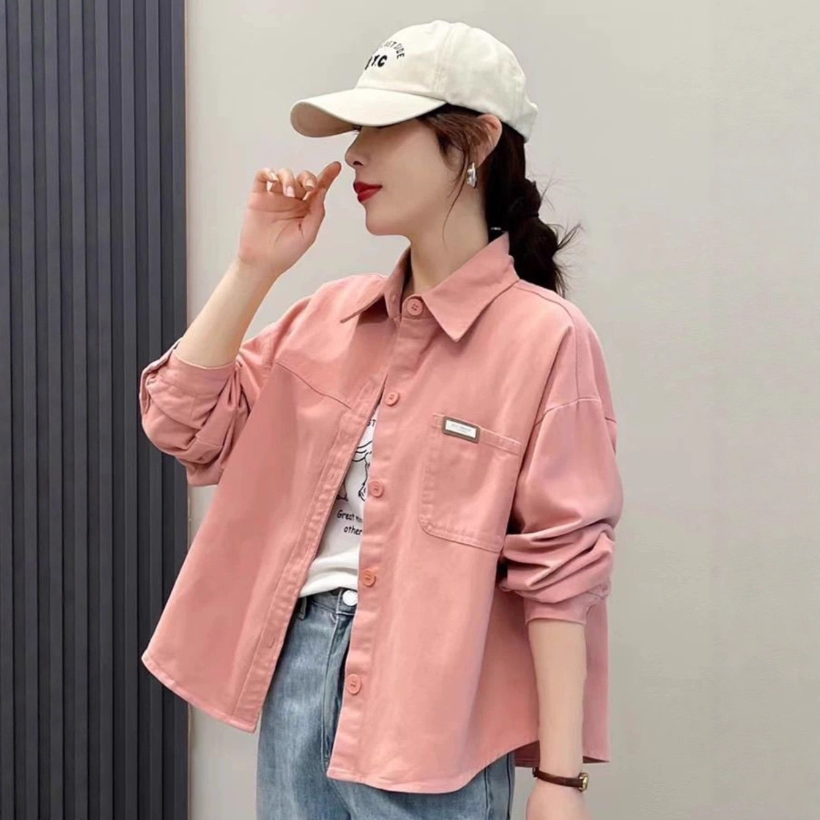 粉色牛仔棉短款外套女2025秋季新款宽松休闲百搭设计感小众衬衫潮