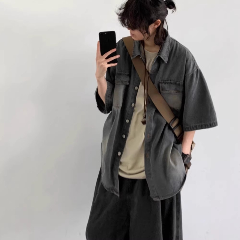 Summer Japanese-Style Washed Vintage Short-Sleeve Denim Shirt for Men and Women, Casual Retro Workwear Multi-Pocket Shirt Jacket