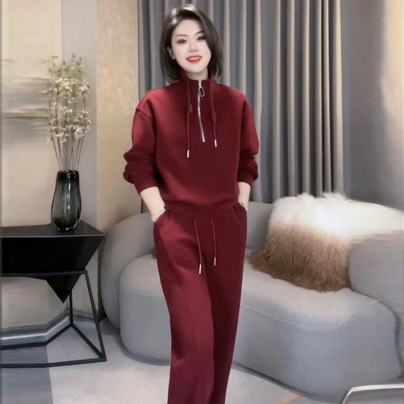 Trendy Youthful Casual Sports Suit for Women, Autumn and Winter Plus Size Slimming European Style Half-Zip Sweatshirt and Wide-Leg Pants Two-Piece Set