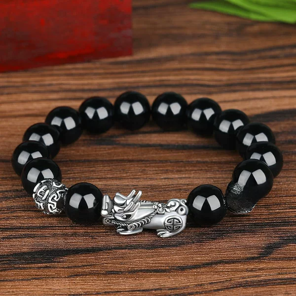 Imitation S999 Sterling Silver 3D Hard Retro Men's Domineering Thai Silver Pixiu Bracelet to Attract Wealth Ancient Silver Obsidian Beads Bracelet