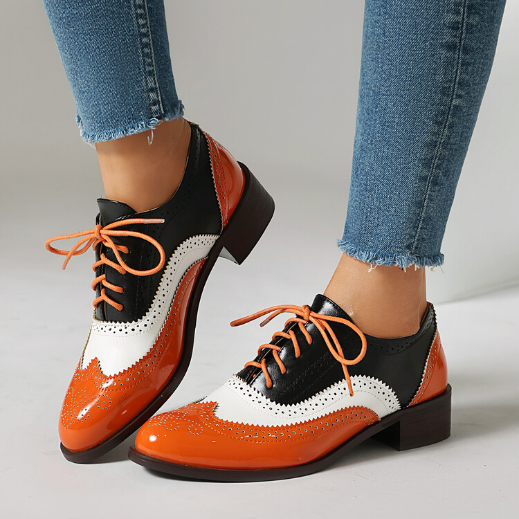 Zapatos de tacón bajo de talla grande con cordones en la parte delantera y cabeza redonda a la moda para mujer_voghion.com