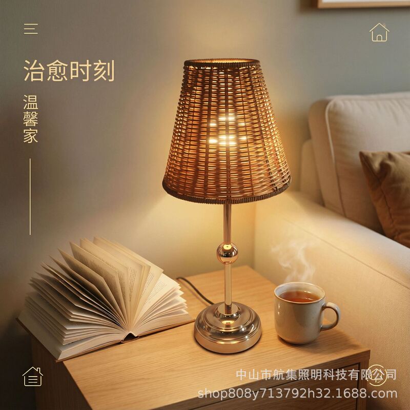 Cross-Border Woven Rattan Art Table Lamp, Retro Study Room Bedside Lamp, Creative Fabric Decorative Table Lamp, Sofa Tea Room Atmosphere Lamp