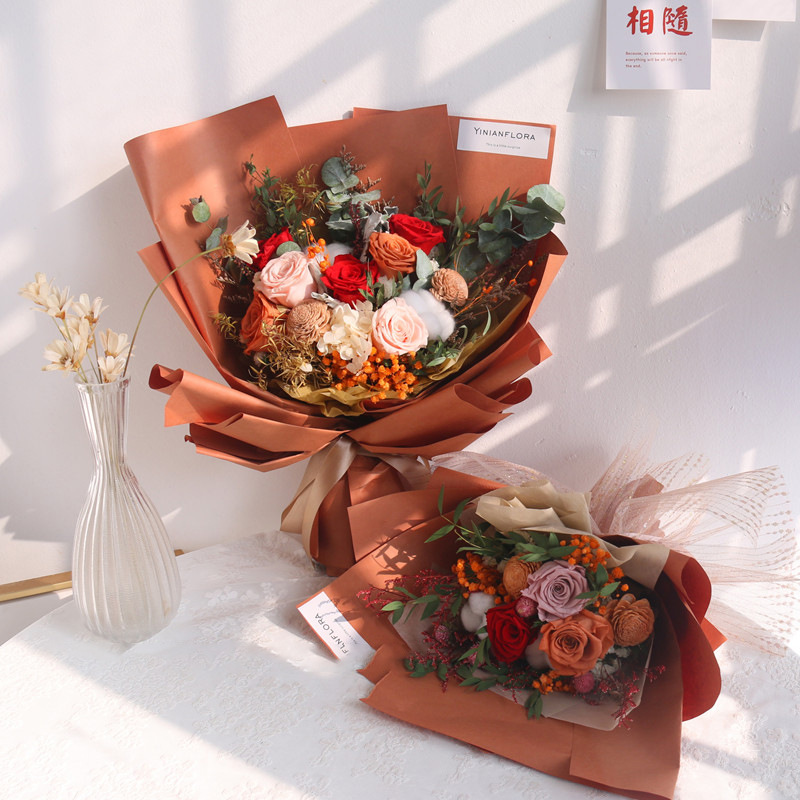 Qixi vintage naranja flor eterna ramo rosa de madera de algodón flor seca decoración de la sala de estar para la novia de cumpleaños regalo de vacaciones