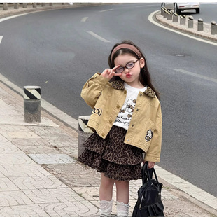 Children's Jacket Autumn 2025 New Style Girls Fashionable Girls Jacket Leopard Print Lapel Kitty Cat Cardigan