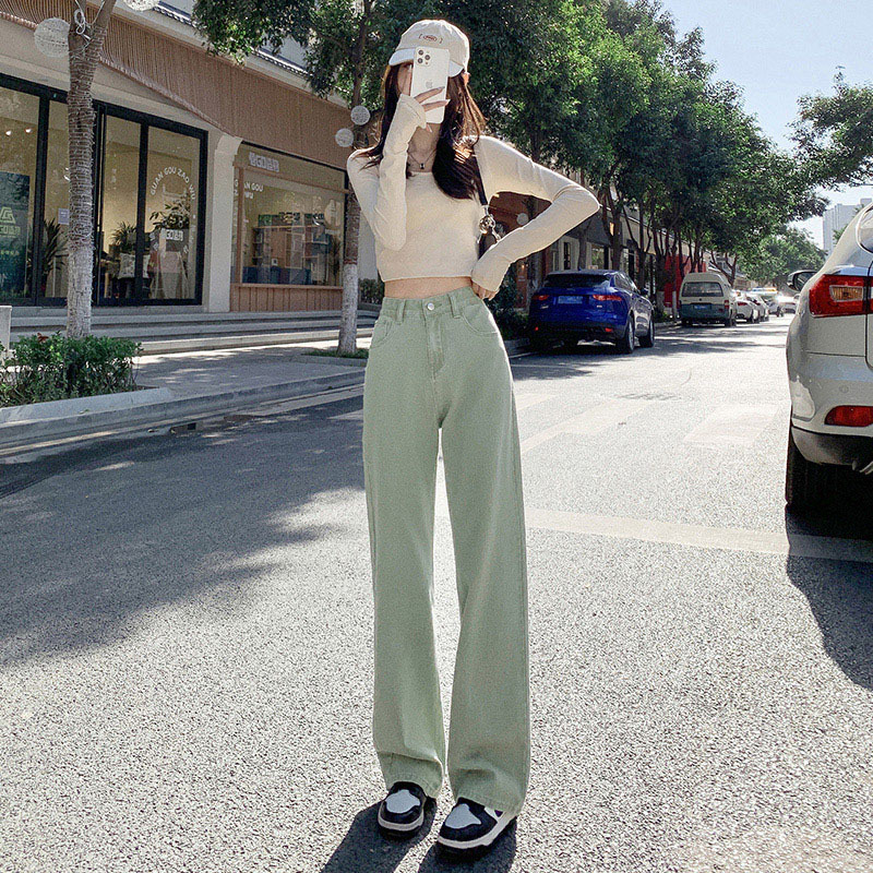 European and American Spice Girls' green jeans women's summer 2022 new high waist slim straight tube loose wide leg floor pants