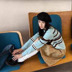 银河汽水 蓝色条纹毛衣女秋季2025新款小个子短款显瘦针织上衣
