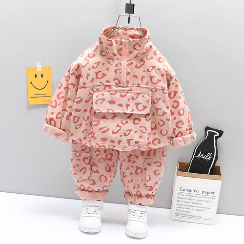 Children's Clothing Wholesale Children's Clothes Leopard Print Stand Collar Two-piece Set Boys Spring and Autumn Sports Suit Korean Style Baby Clothes