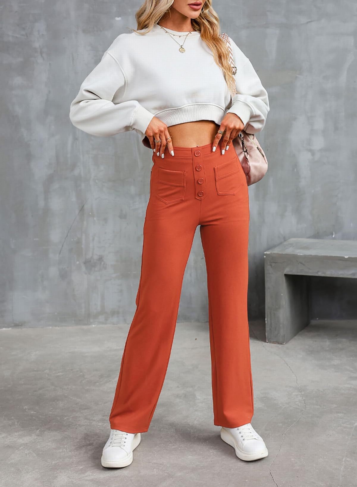 Women's High-Waisted Straight Leg Pants With Multiple Pockets - Stretch Comfort Casual Trousers For Everyday Wear_ecoleips.com