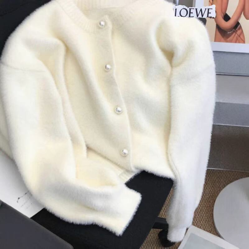 Spring and Autumn Soft Waxy Imitation Mink Cashmere Sweater Cardigan Women's Design Sense Niche Lazy Knitted Top Coat Lazy Style