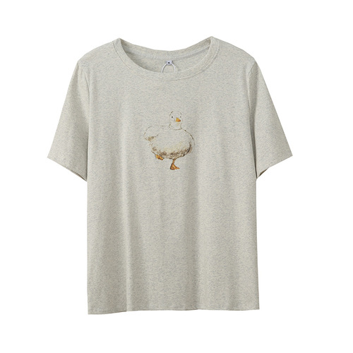 Eno Plus Size Women's Duck Embroidered Round Neck T-Shirt 2025 Summer New Loose Slimming Top 232131