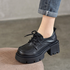 松糕鞋厚底單鞋真皮2024春秋新款頭層牛皮系帶高跟深口鞋圓頭女鞋