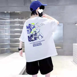 男童夏装短袖T恤五分裤两件套2025新款中大童痞帅男孩运动套装潮