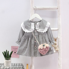 AD23沐福瑞新款2021韓版兒童長袖格子連衣裙斜挎包韓范可愛女寶潮