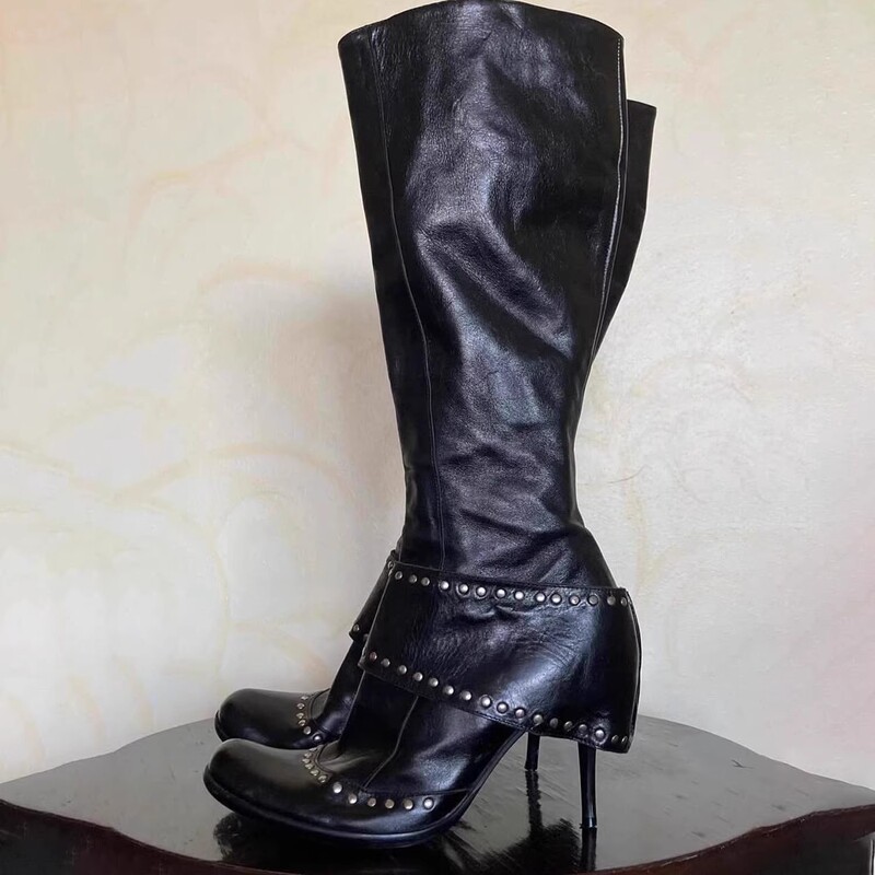 Studded Round-Toe Fashionable European and American Style Long Boots with Thin Heels, Wide Shaft, High Heels, Dark Medieval Knight Boots (Tax Not Included)