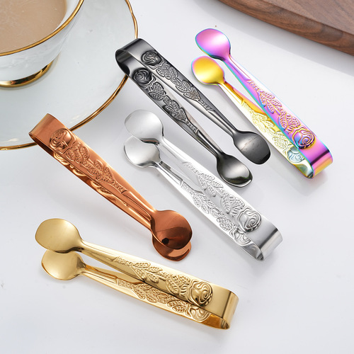 Factory-exclusive 304 stainless steel sugar tongs, mini ice tongs, thickened, burr-free design—ideal for ice buckets and ice blocks.