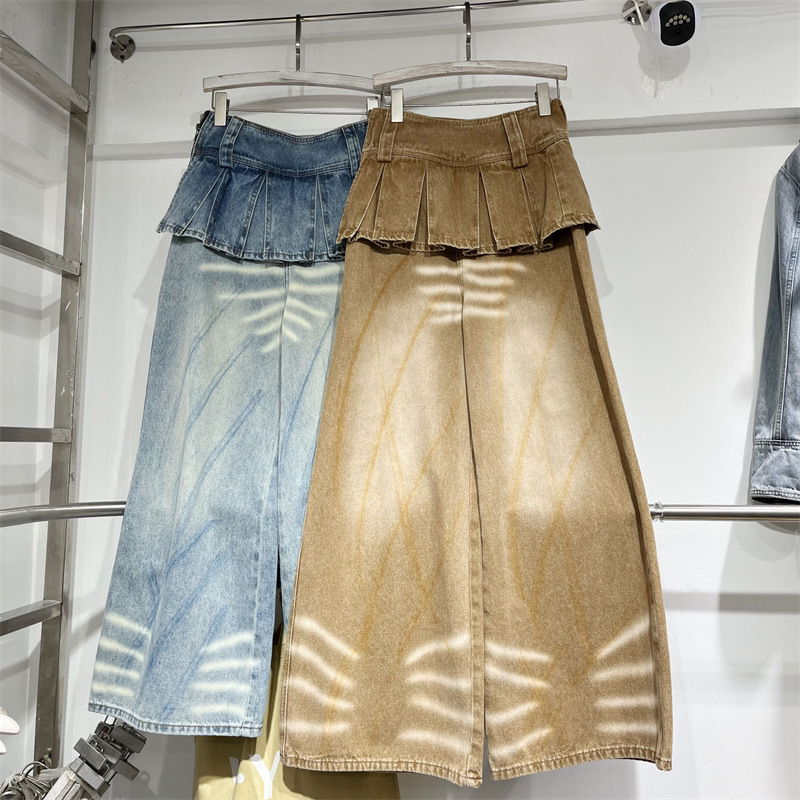 Spring Western Wasteland Style Straight-Leg Jeans for Women, Retro Irregular Pleated Skirt Hem, Faux Two-Piece Wide-Leg Pants Skirt