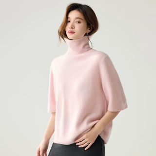秋冬新款软糯亲肤山羊绒毛衣女高领半袖五分袖宽松显瘦针织衫打底