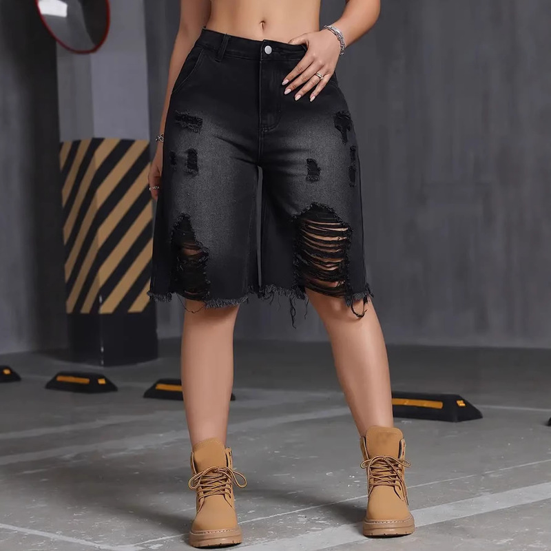 Women's Jeans, American Casual Style, Black, Non-Elastic, Ripped, Loose, Versatile Denim Shorts, Suitable for Spring and Summer Women's Jeans, American Casual Style, Black, Non-Elastic, Ripped, Loose, Versatile Denim Shorts, Suitable for Spring and Summer