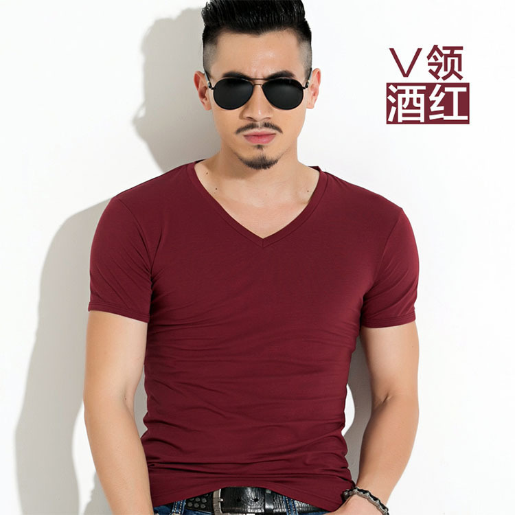 Wholesale men's V-neck large color short sleeved loose t-shirt casual sports chicken neck men's bottom shirt