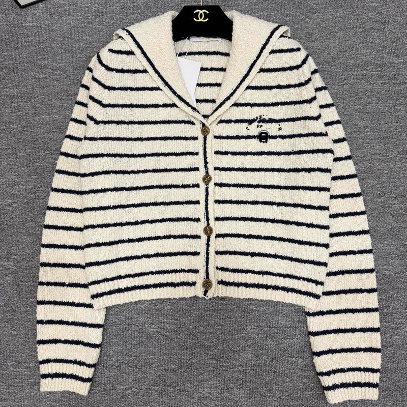 Shenzhen Nanyou Correct Dio High Version Cd Home 25 Early Autumn New Contrast Color Striped Navy Collar Knitted Cardigan