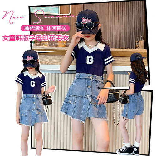 Girls summer suit  new children's suit summer letter POLO short-sleeved t-denim skirt pants two-piece set