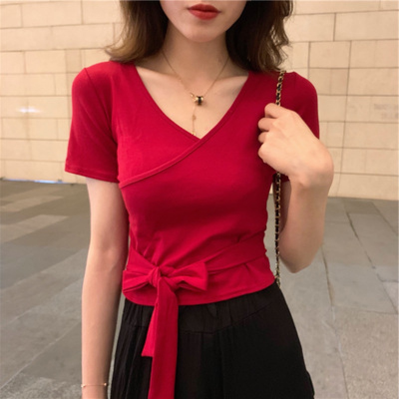 纯色短袖t恤女2024夏季半袖v领体恤减龄蝴蝶结系带设计感休闲上衣