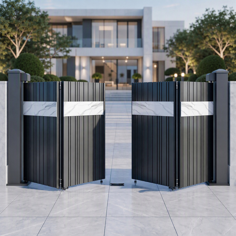 Automatic Electric Four-Panel Folding Door for Villa Courtyard, Modern Light Luxury Slate Panel Splicing Aluminum Alloy Door Customization