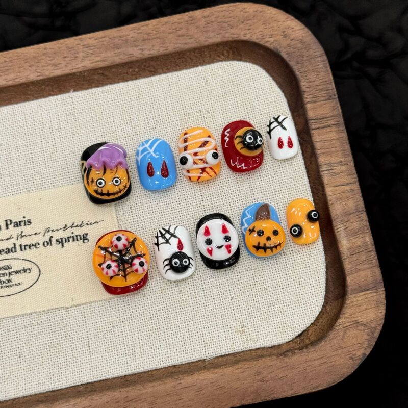 Yihe Wearable Nails [Halloween Party] Halloween Ghost Pumpkin Spider Funny Three-Dimensional Pinch Carved Nail Art