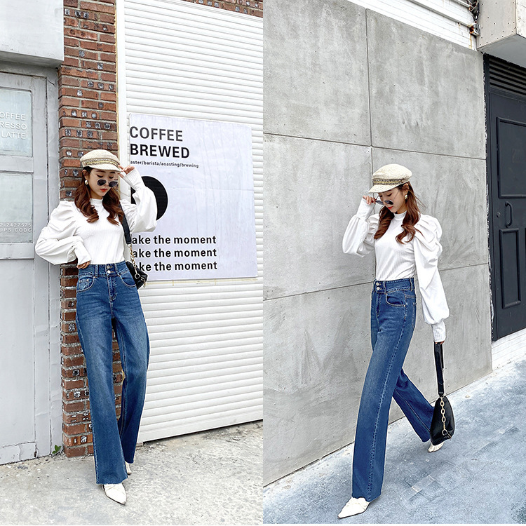 Spring New European and American Toteme Blue Ultra-High-Waisted Floor-Length Pants Micro-Elastic Wide-Fit Slim Raw Edge Jeans for Women