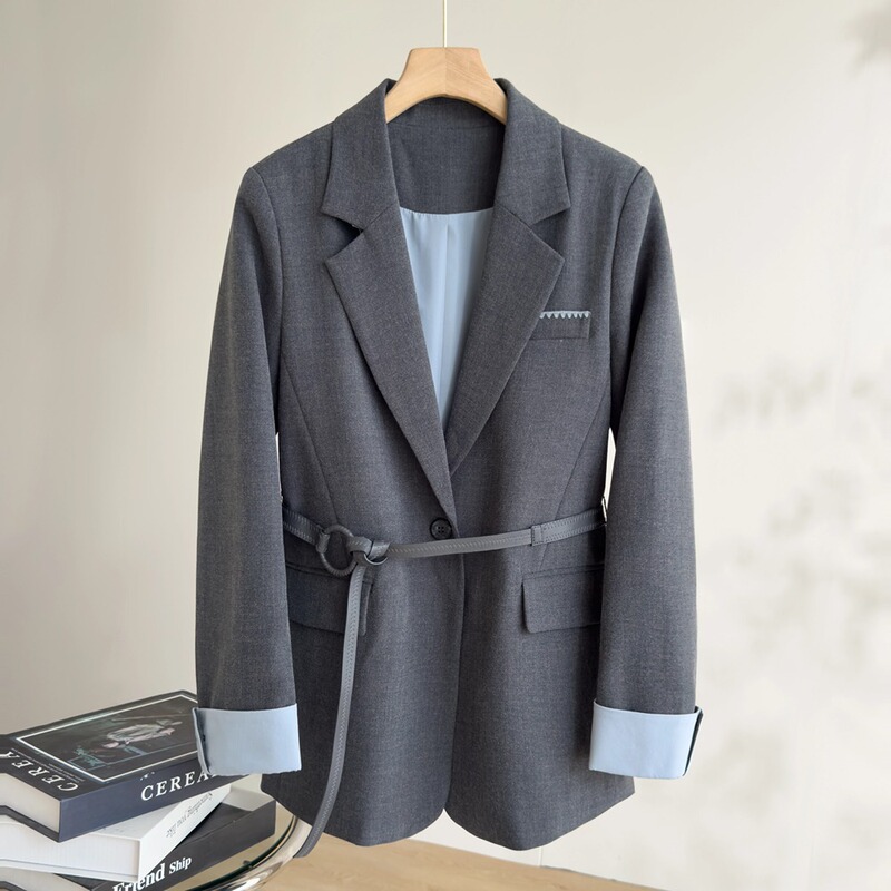 Endi Fashion Contrast Color Cuffed Sleeve Small Suit Tops Women's Autumn Korean Gray Commuting Suit Top with Free Belt