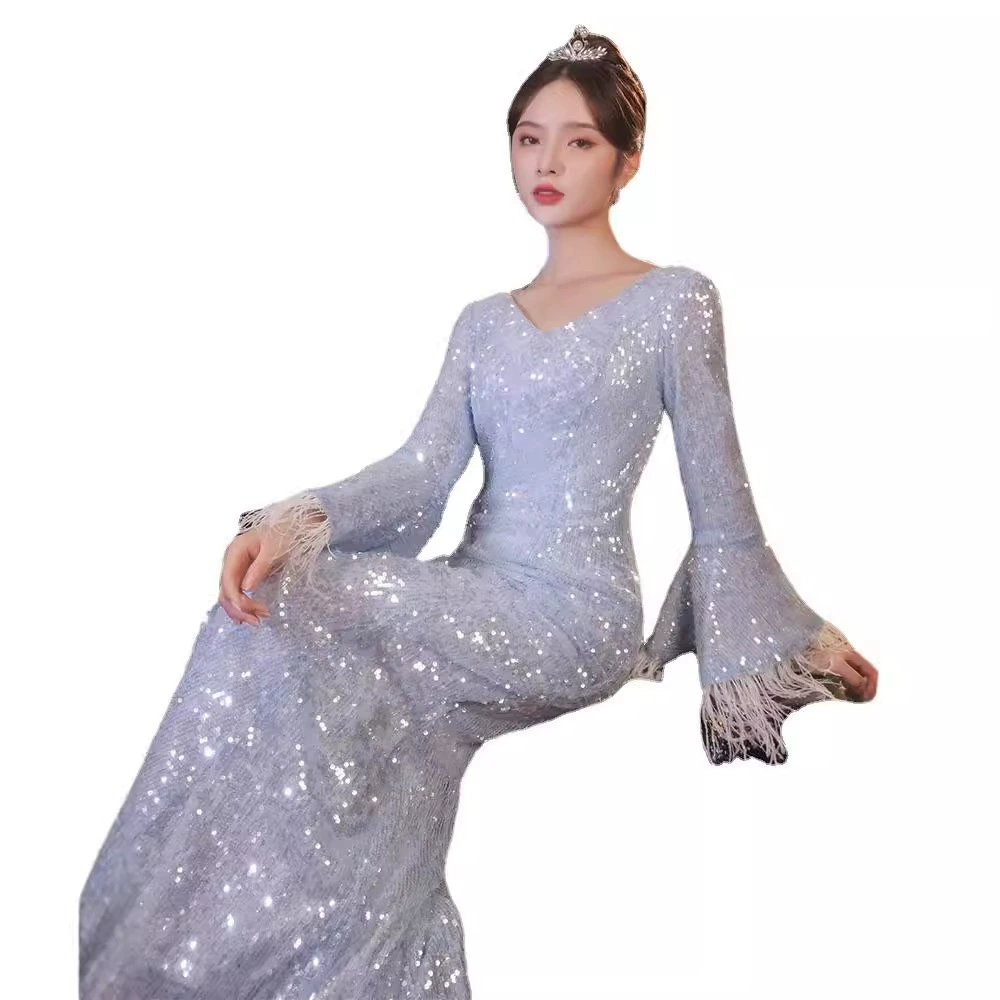 Вечернее платье, юбка, элитная бисерная маникюрная sequins, синее платье с длинными рукавами, вырез " Fish tail ", новая коллекция, стиль легкой роскоши