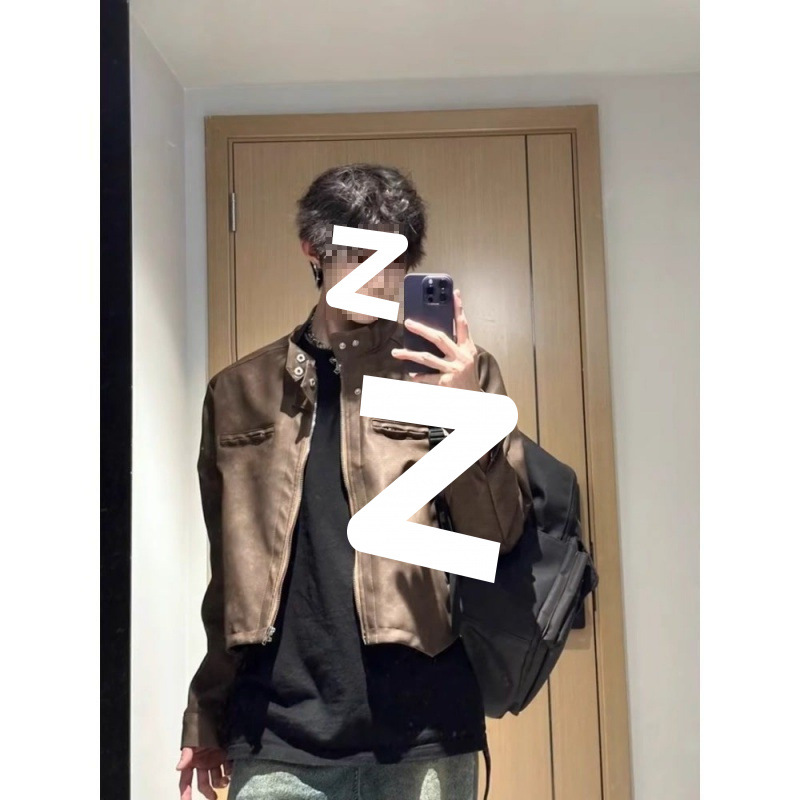棕色短款皮衣外套男秋秋季感痞帅美式潮牌机车皮夹克现货拉链
