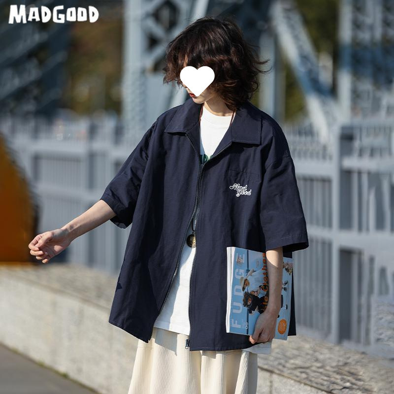 madgood マッドコンストラクション 日本製 ユニセックス 万能 ダークチェック 半袖 ジッパーシャツ ゆったり レトロ 半袖 トップス|undefined