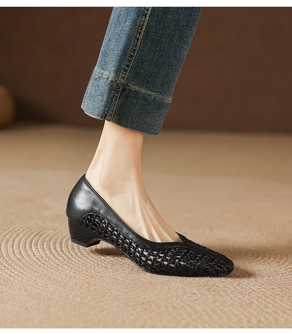 Giày sandal nữ mũi vuông gót thấp 3 cm da cừu hở bên — đen chi tiết 17