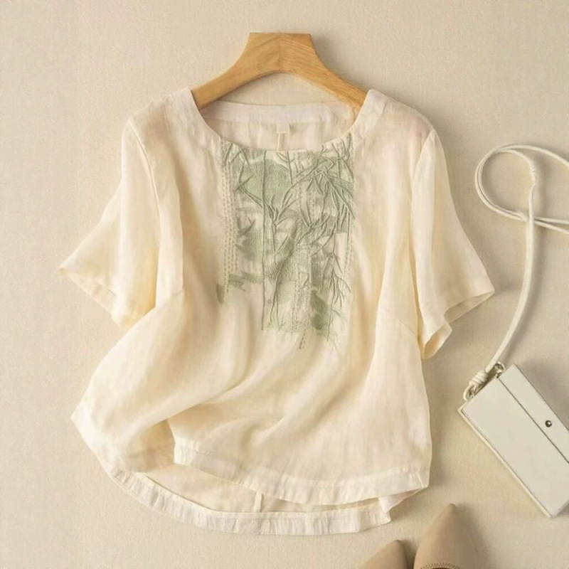 High-End Linen Cotton Blouse for Women, Plus Size, Middle-Aged Mom, Summer Wear, Thin and Stylish Top, Tummy-Covering Short-Sleeve T-Shirt
