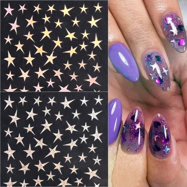 2023 New Star Manicure Sticker Small Sweet Potato Internet Red Popular Sweet Glitter Powder Silver Laser Purple Five-pointed Star Back Adhesive Sticker
