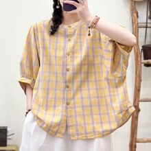 文艺五分袖格子衬衫女夏新款宽松棉麻圆领后背单排扣衬衣上衣