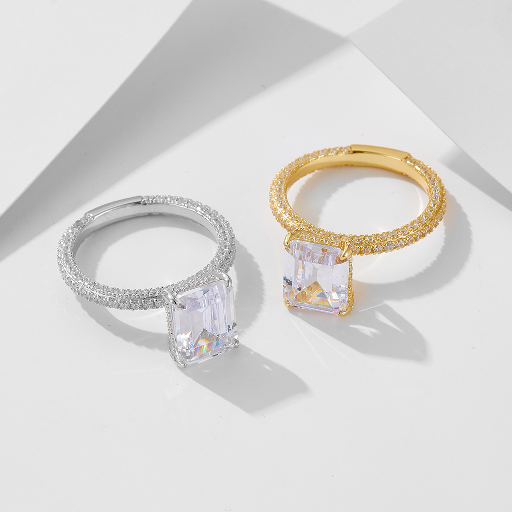 Especial transfronterizo 8*10 anillo de plata esterlina clásica de circón cuadrado Joyería de anillo de compromiso de boda de diamantes completos de moda europea y americana