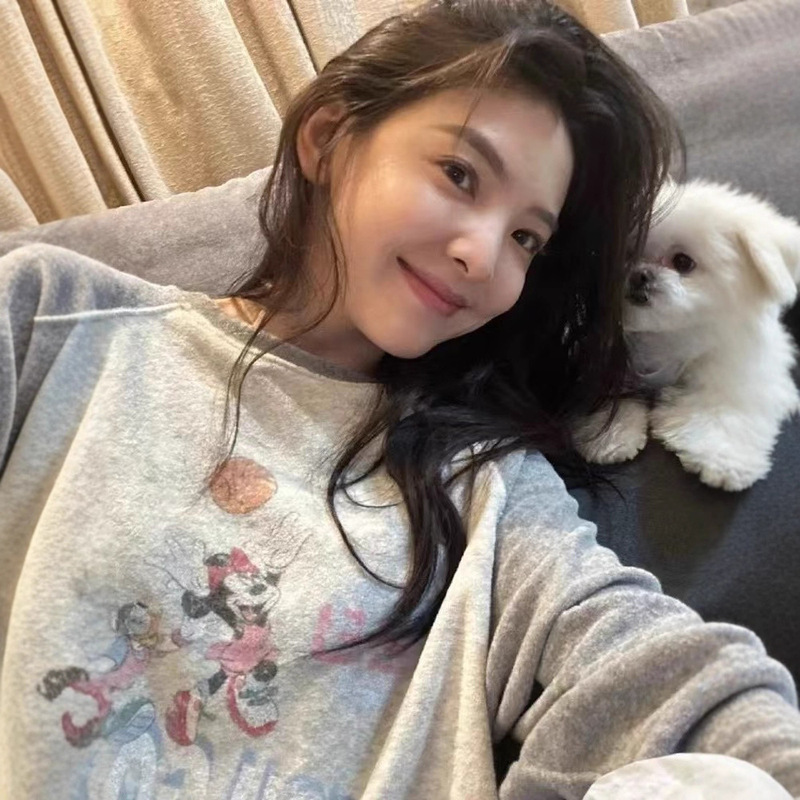Korean Dongdaemun Zhang Nan Same Style 25 Autumn Raglan Sleeve Printed Cartoon Mickey Color-Blocking Long-Sleeve Women's Top