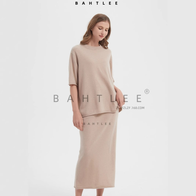 25 Spring and Summer Wool Thin 120S Loose, Simple and Lazy Design Two-Piece Set Mid-Sleeve Top Cocoon-Shaped Long Skirt