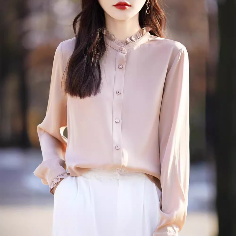 Elegant and Stylish Satin-Trimmed Shirt for Women, Satin Shirt with Stand Collar, Professional Base Layer, Elegant Outerwear