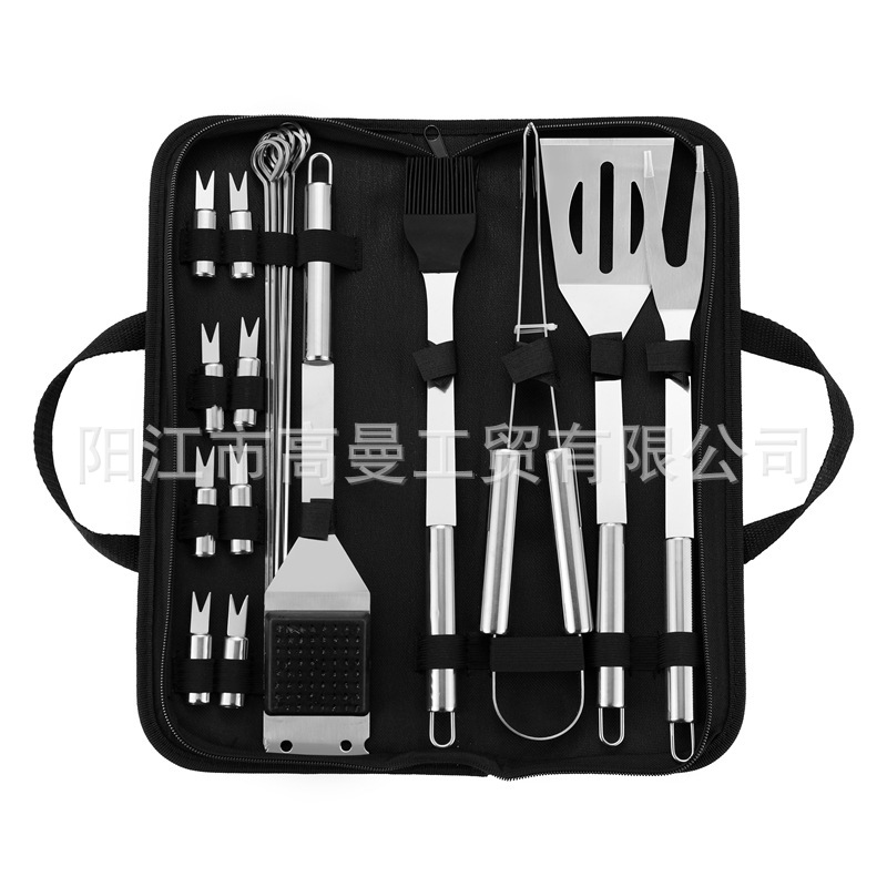 Juego de herramientas para barbacoa personalizado para comercio electrónico transfronterizo, exportación de fábrica, venta al por mayor, portátil, varios estilos, con bolsa de tela y asa pequeña.