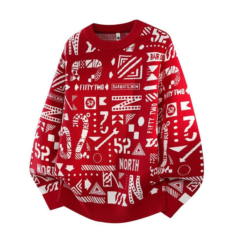 Autumn and Winter Men's Red Knitted Pullover Sweater with Original Geometric Patterns, Fashionable Slim-Fit Youth Warm Knit Sweater Autumn and Winter Men's Red Knitted Pullover Sweater with Original Geometric Patterns, Fashionable Slim-Fit Youth Warm Knit Sweater