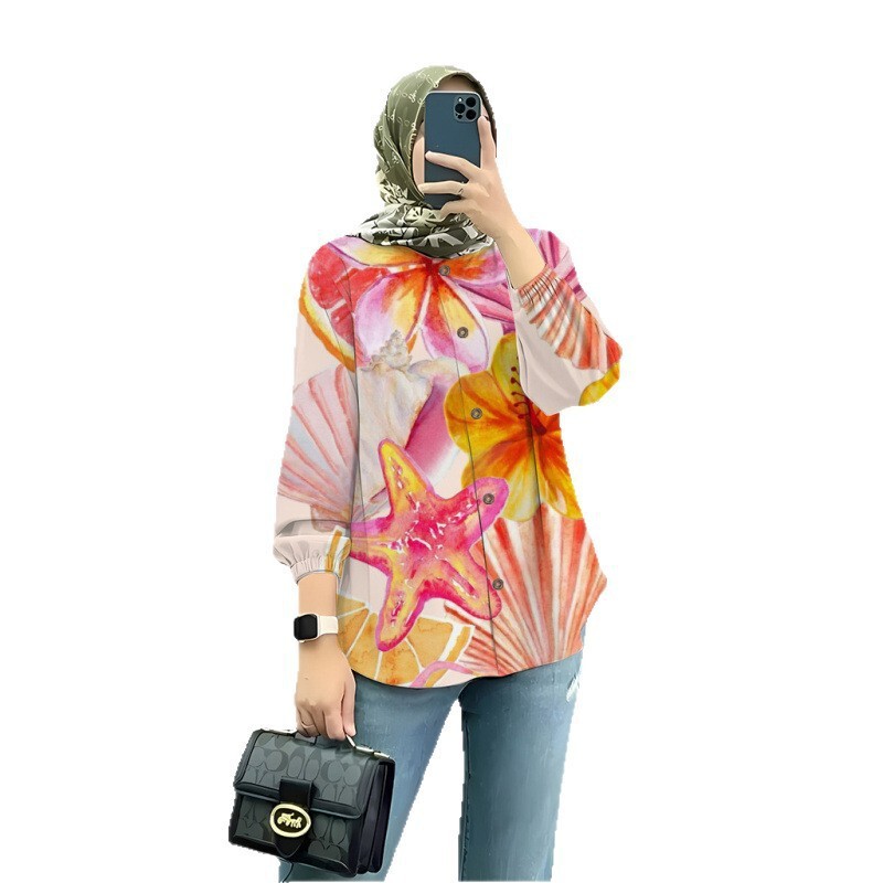 2025 Cross-Border Fashion Women's Muslim Shirt Casual Turkish Robe Autumn Long Sleeve 3D Printed Top